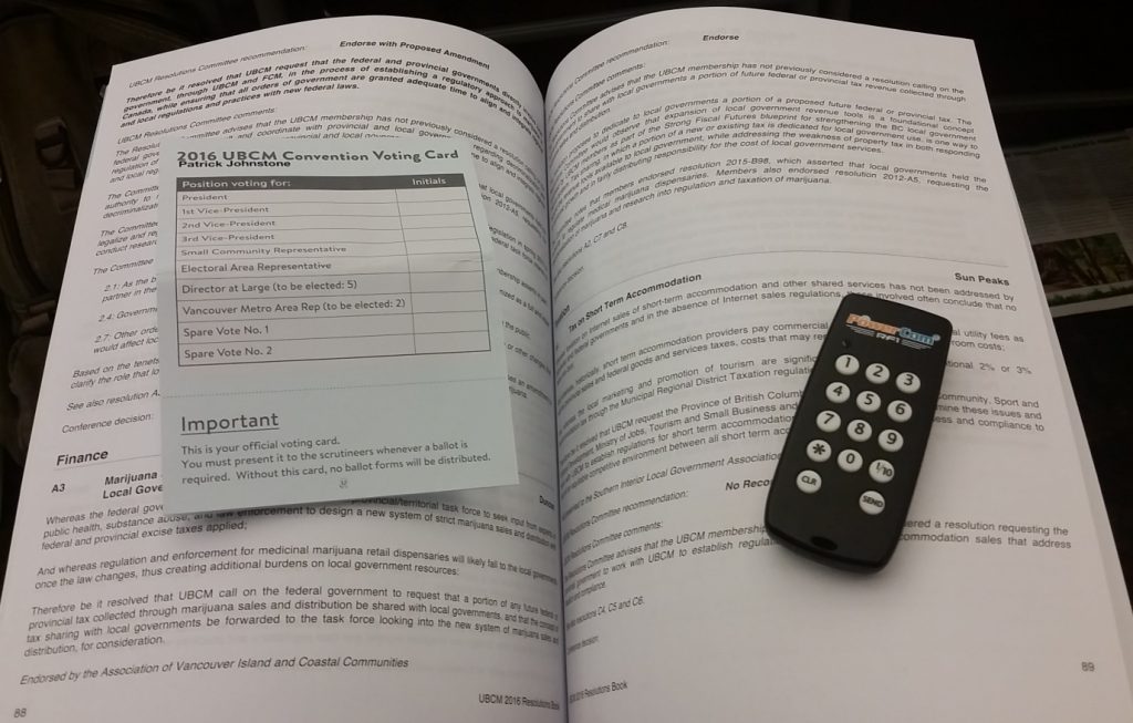 Election ballot, resolution book, and voting "clicker". The tools of the UBCM trade.