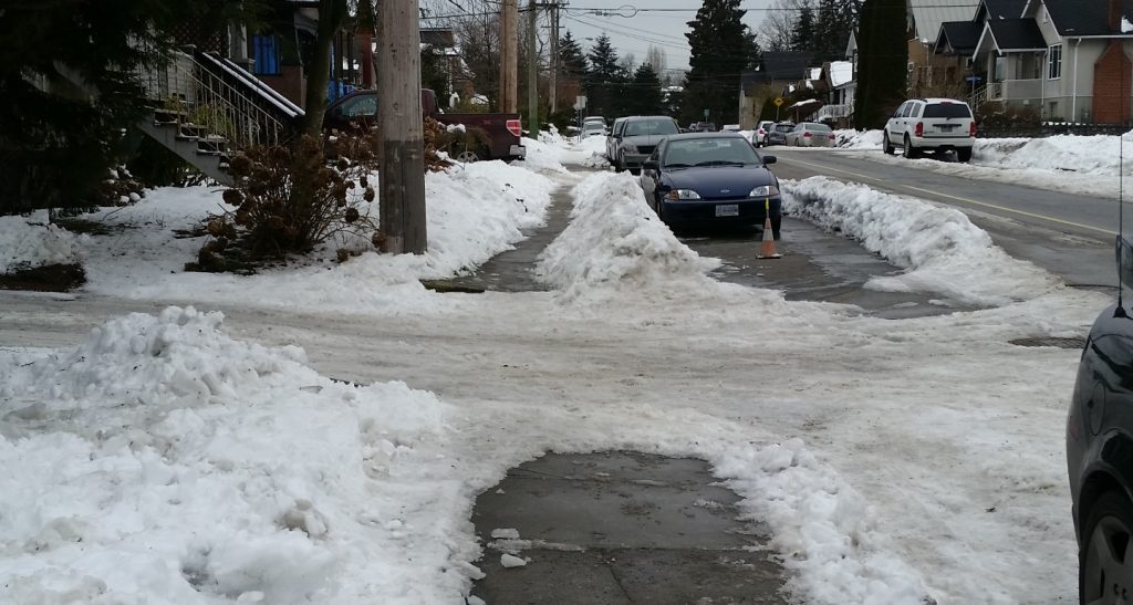 A common issue: Sidewalks cleared by homeowners cross un-plowed alleys. 